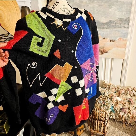 Vtg I.B Diffusion Sweater 90's Bold Retro Geometric Print Embellished Rhinestone - Picture 2 of 15